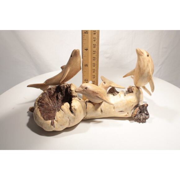 Hand Carved Dolphins Figures on Driftwood Art Beach Coastal Cabin Decor - Picture 8 of 12